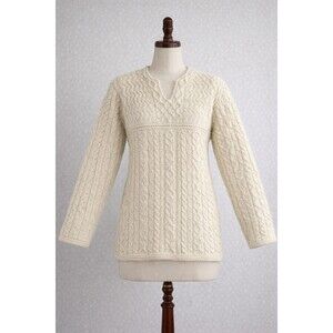 Kilronan Sweater Aran Merino Wool Fisherman Cableknit Ireland V-Neck XL Cream